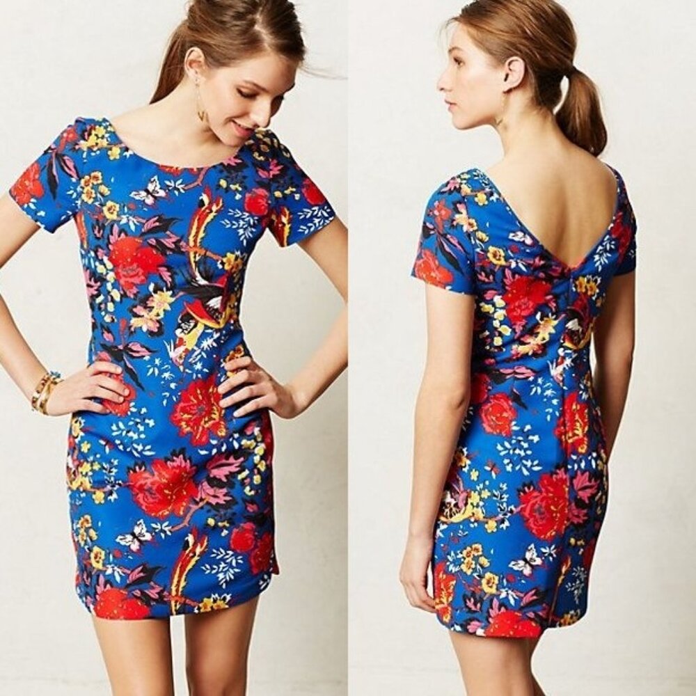 ANTHROPOLOGIE Bird of Paradise Shift Mini Dress Colorful Print
